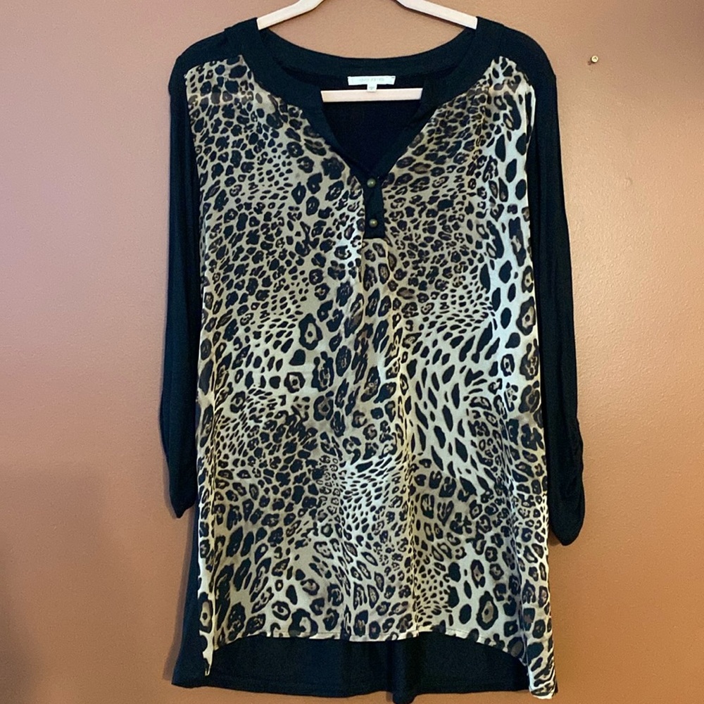 Ava James ladies blouse/tunic with leopard print in size small.